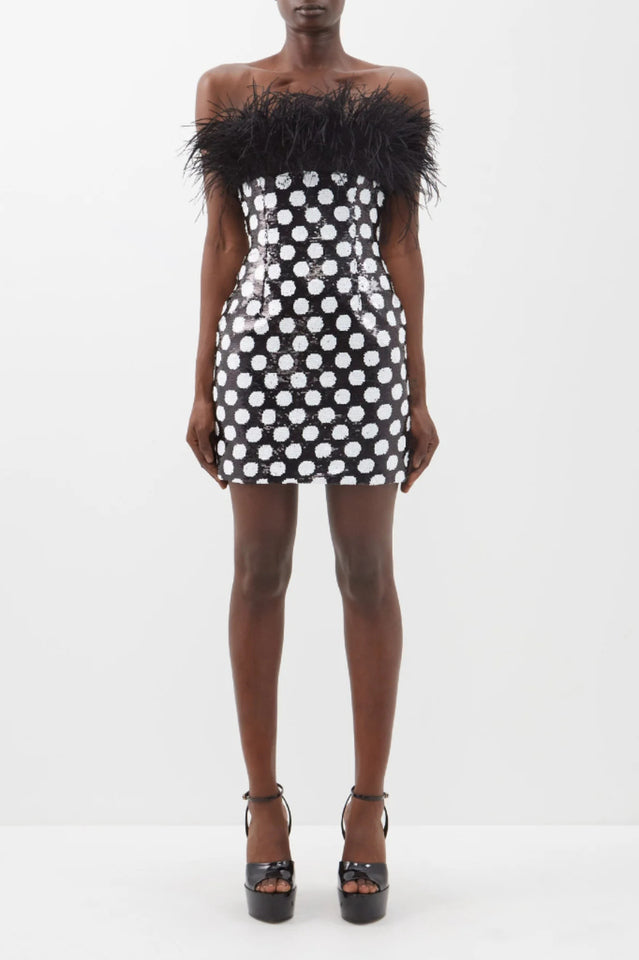 Feather Trim Polka Dot Sequin Dress