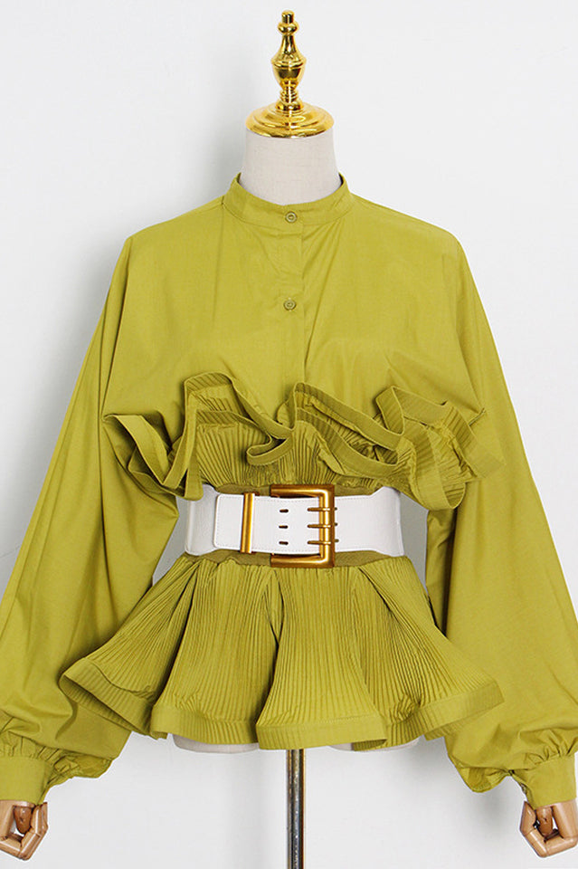 Athina Pleated Ruffle Waist Belt Blouse