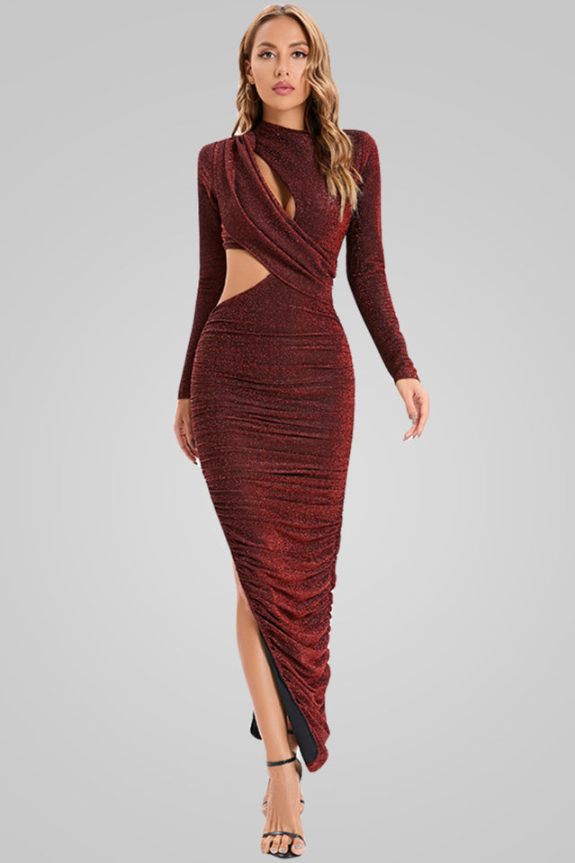 Sparkly Ruched Cutout Split Maxi Dress