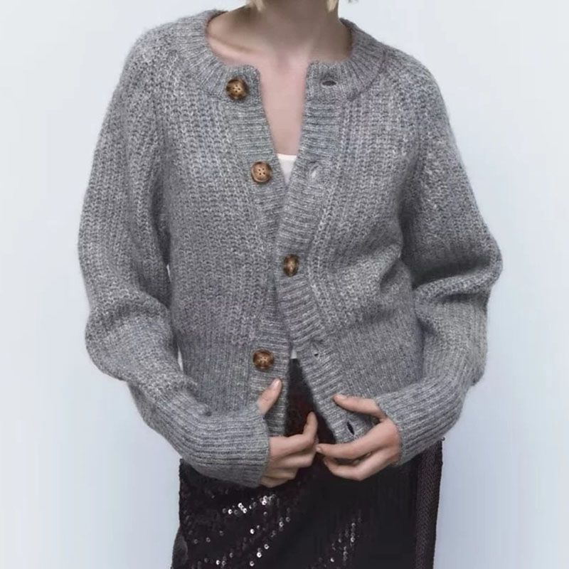 Grey Ribbed Knit Cardigan Round Neck Button Sweater Knitwear