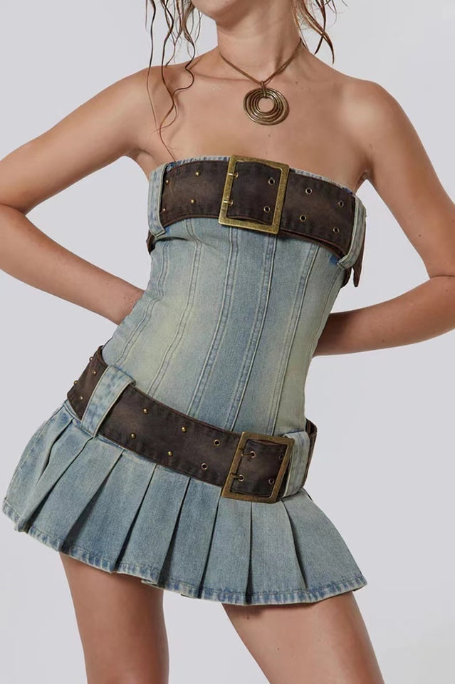 Chelsea Denim Kilt Mini Dress