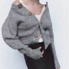 Grey Ribbed Knit Cardigan Round Neck Button Sweater Knitwear