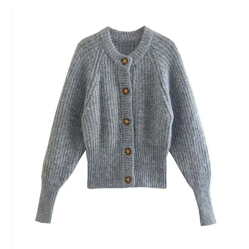 Grey Ribbed Knit Cardigan Round Neck Button Sweater Knitwear