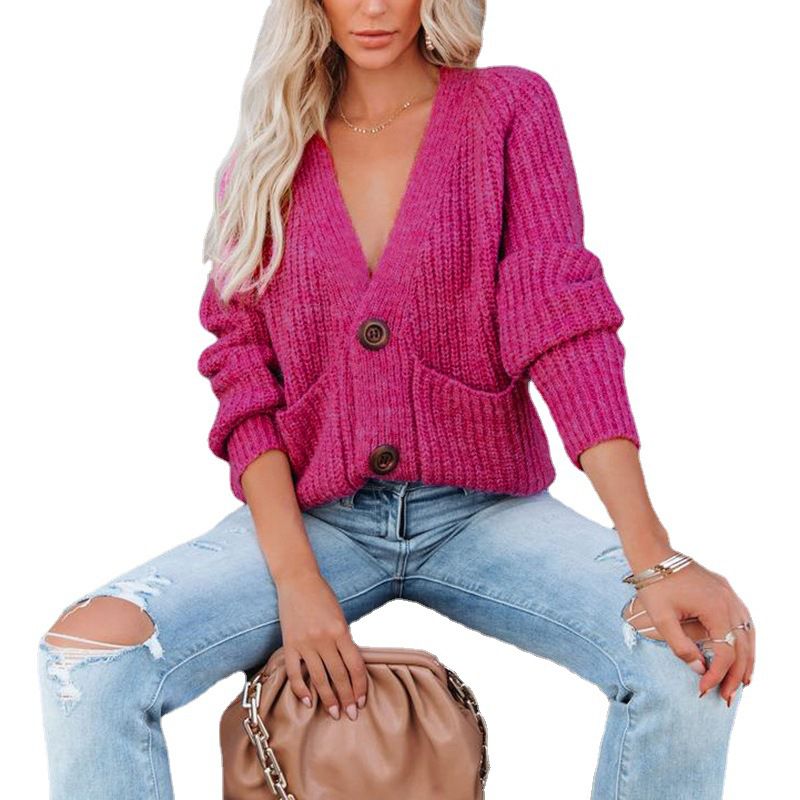 Casual Baggy Ribbed Knit V Neck Button Up Cardigan Sweater With Pocket