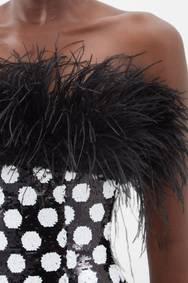 Feather Trim Polka Dot Sequin Dress