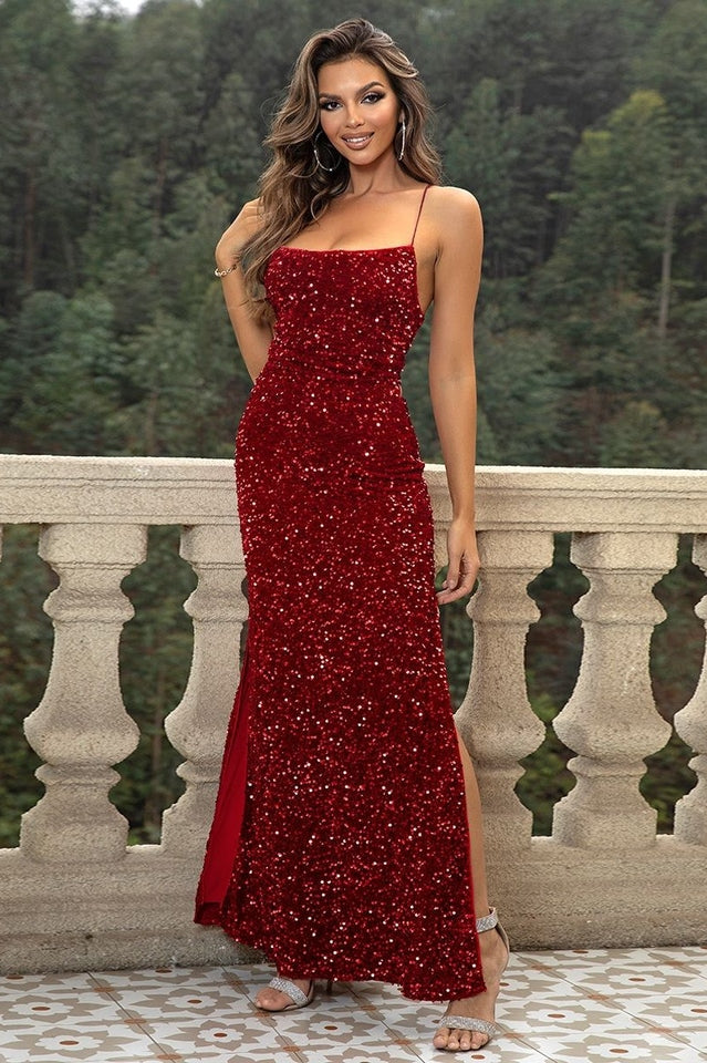Sequin Backless Split Maxi Dress