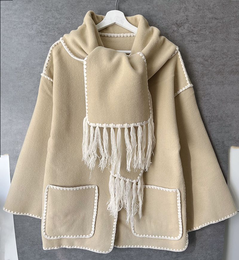 Embroie Draped Fringed Tassel Wool Blend Scarf Jacket Outerwear