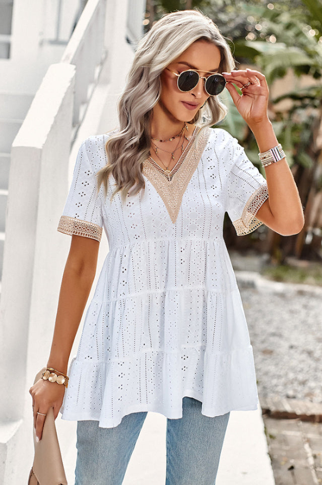 Contrast Short Sleeve Tiered Blouse