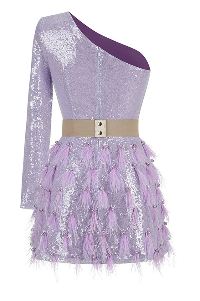 Daria One Shoulder Sequin Feather Dress