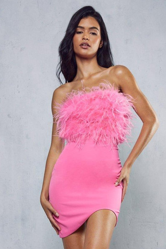 Curved Hem Feather Mini Dress