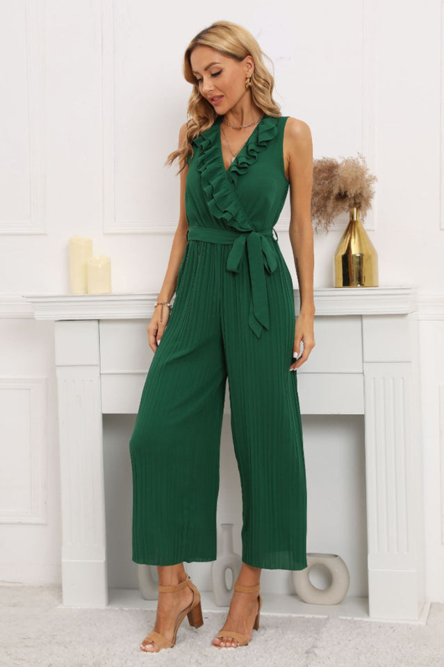 Calf Length Pleated Ruffled Jumpsuit