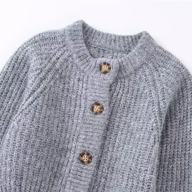 Grey Ribbed Knit Cardigan Round Neck Button Sweater Knitwear