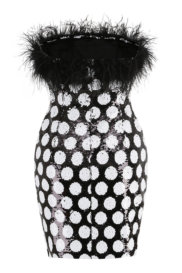 Feather Trim Polka Dot Sequin Dress