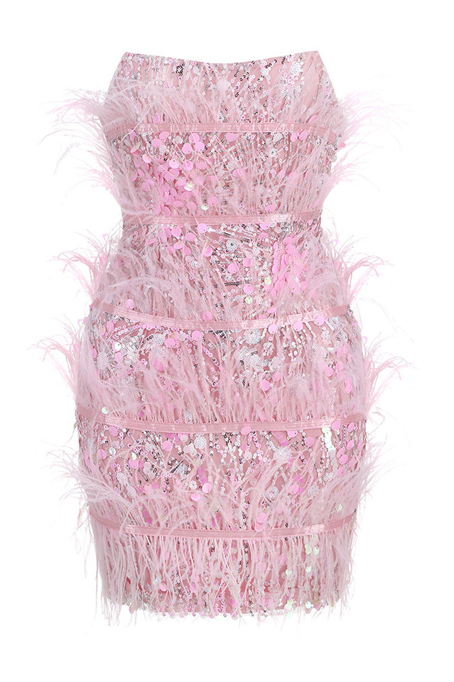 Senara Strapless Sequin Feather Mini Dress