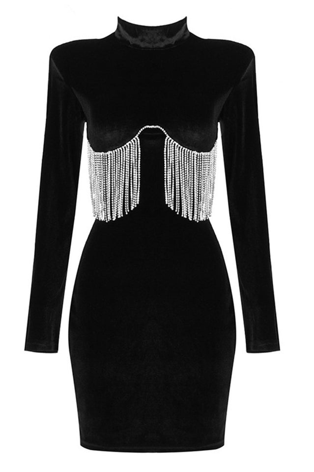 Black Crystal Fringe Velvet Mini Dress