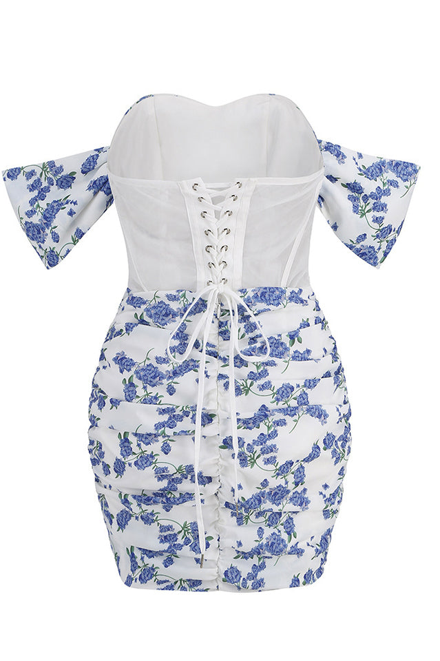 Blue Print Ruched Floral Mini Dress