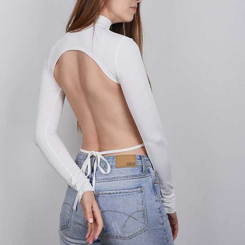 Chic Open Back T Shirt Long SLeeve Ruched Top Backless