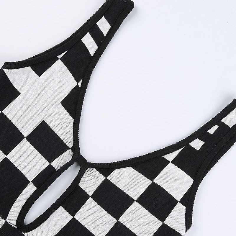 Black and White Checkerboard Knit Midi Dress