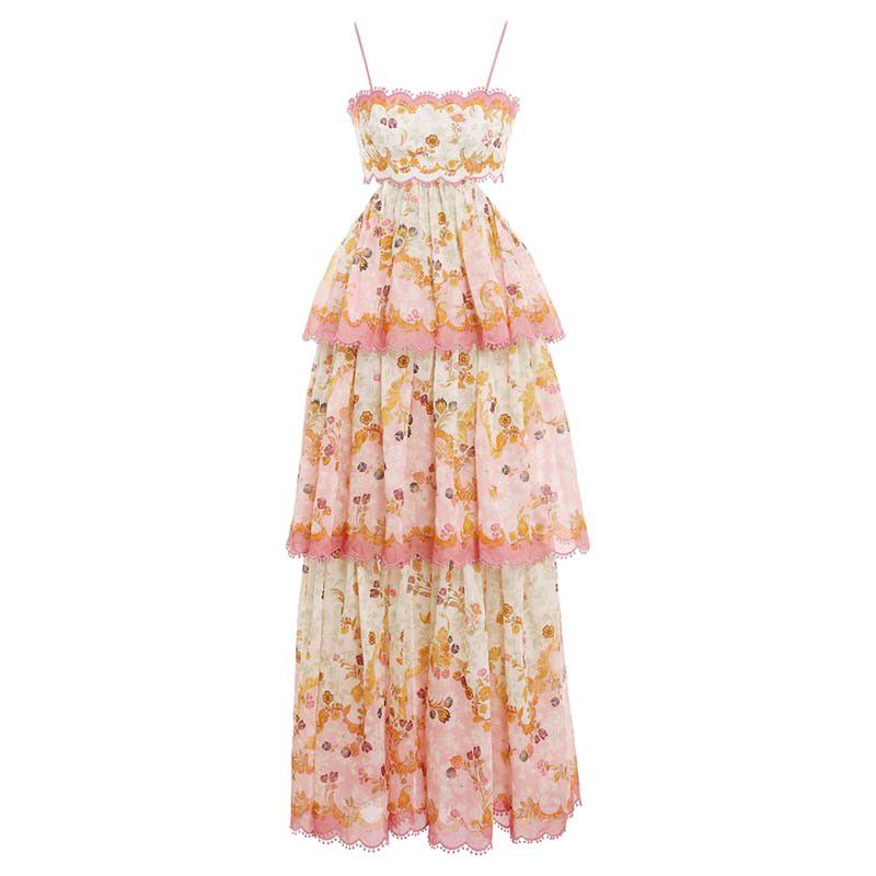 Laurel Blossom Flowers Floral Print Scalloped Pom Trim Tiered Midi Dress