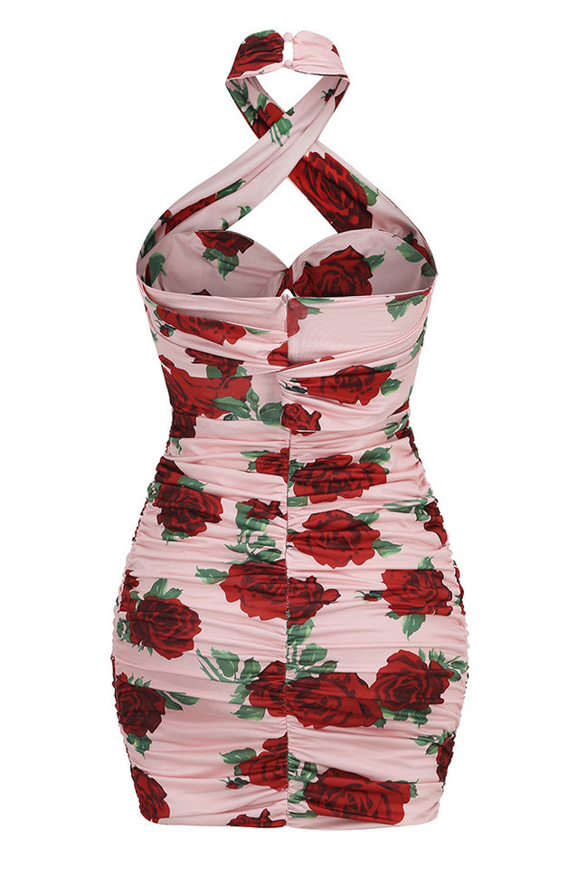 Cutout Ruched Floral Jersey Mini Dress