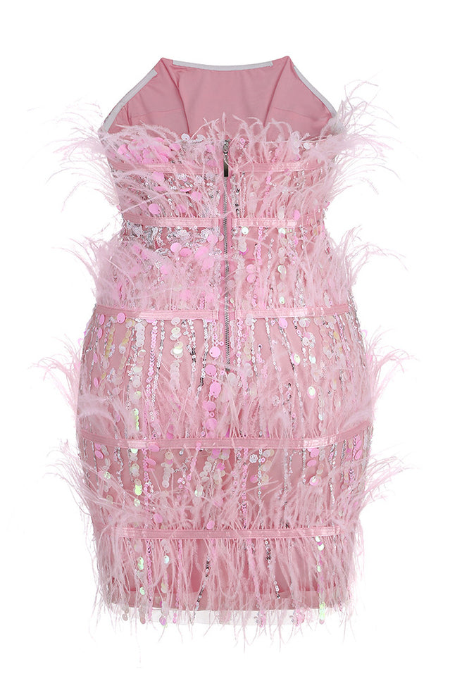 Senara Strapless Sequin Feather Mini Dress