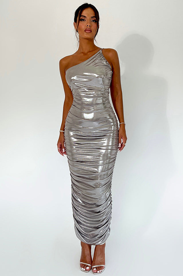 One Shoulder Metallic Maxi Dress
