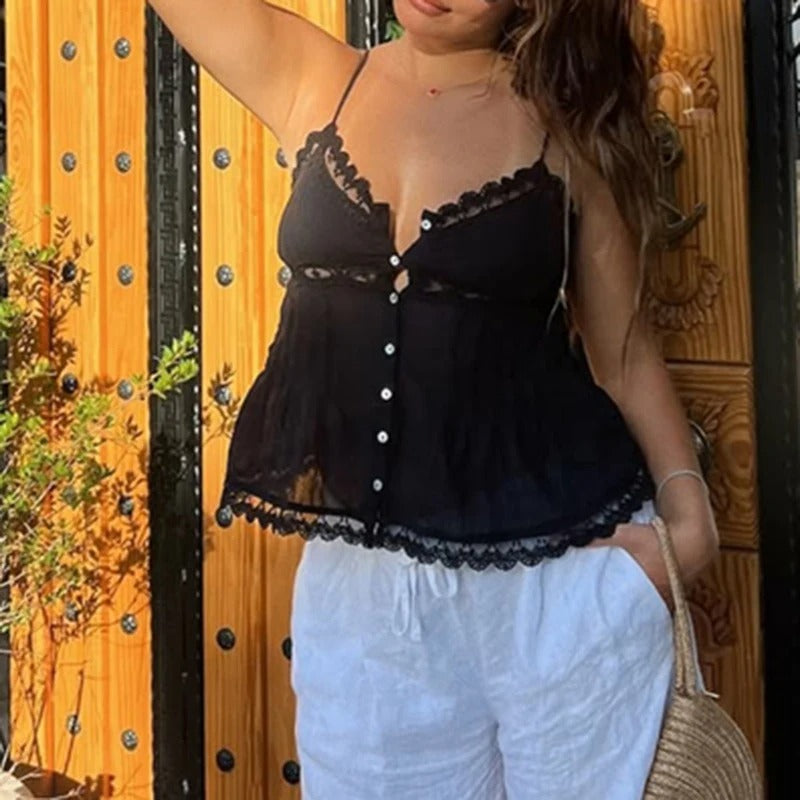 Sunset Kiss Button-Up Lace Cami