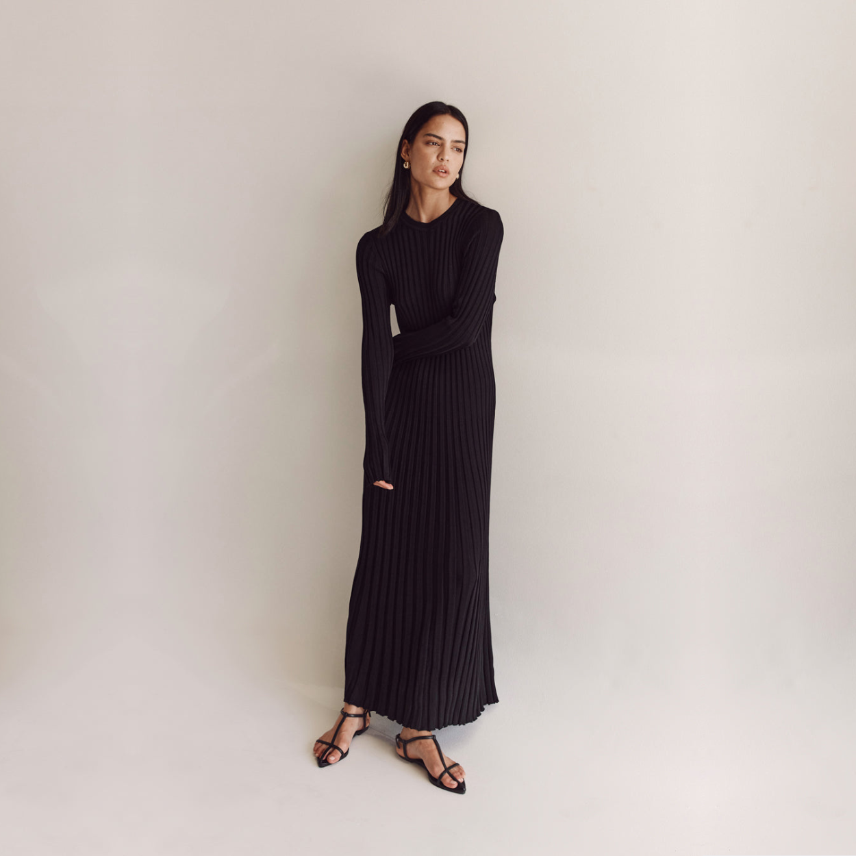 Black Long Sleeve Knit Midi Dress