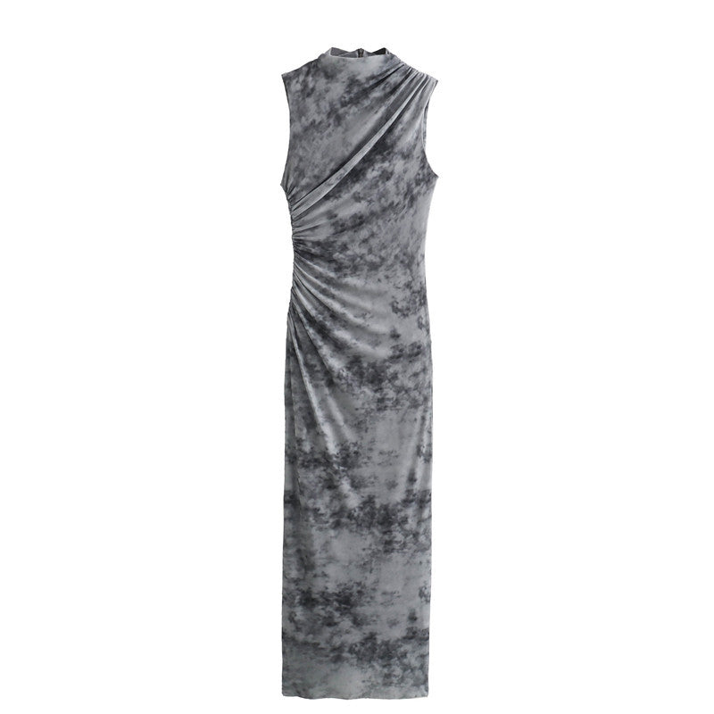 Gray Sleeveless Side Ruching Midi Dress