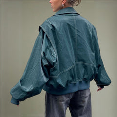 Green Contrast Stitch Leather Bomber Jacket