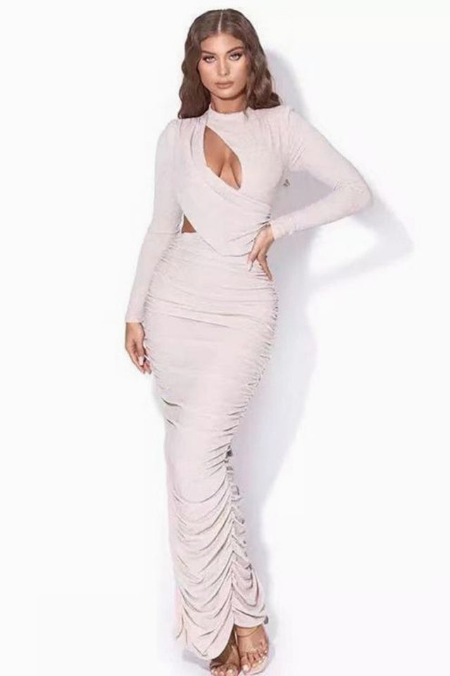 Sparkly Ruched Cutout Split Maxi Dress