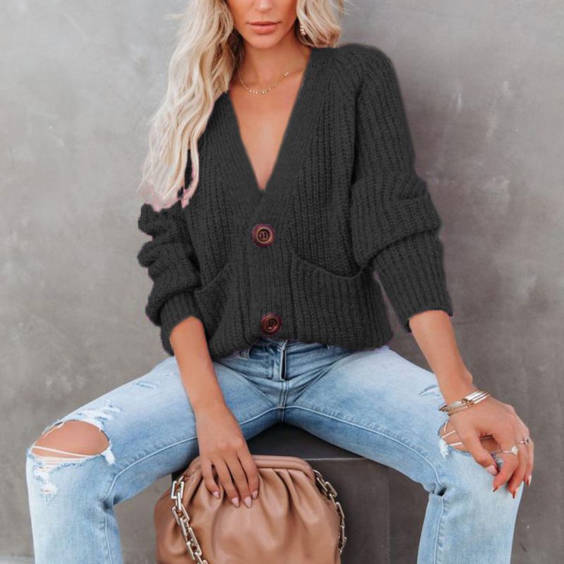 Casual Baggy Ribbed Knit V Neck Button Up Cardigan Sweater With Pocket