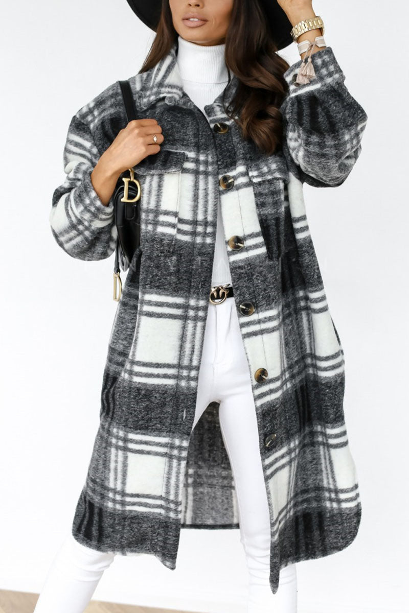 Fashion Street Plaid Patchwork Turndown Collar Outerwear