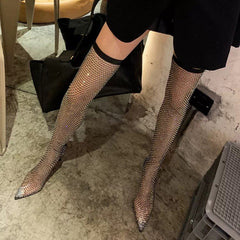 Rhinestone Fishnet Thigh High Boots