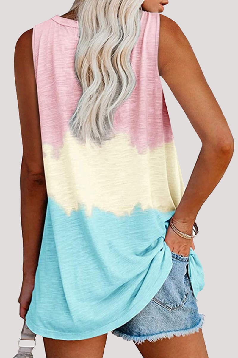 Casual Patchwork Tie Dye Pocket V Neck T-Shirts(5 Colors)