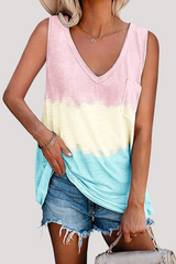 Casual Patchwork Tie Dye Pocket V Neck T-Shirts(5 Colors)