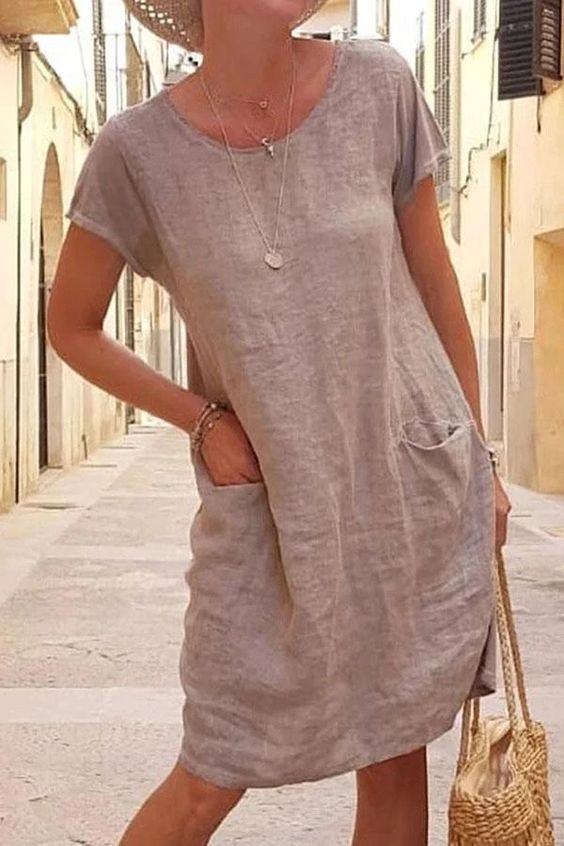 Casual Solid Patchwork Pocket O Neck Short Sleeve Dress Dresses