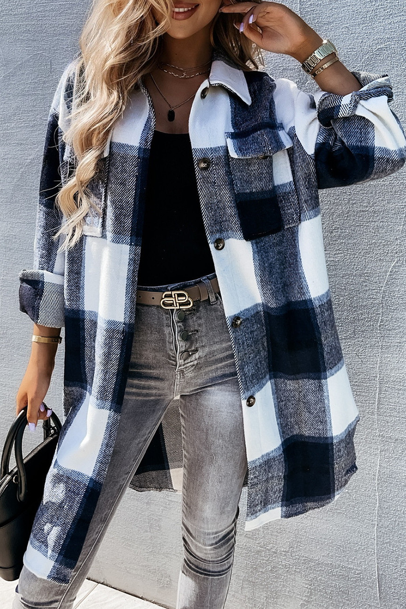 Casual Plaid Patchwork Buckle Turndown Collar Outerwear