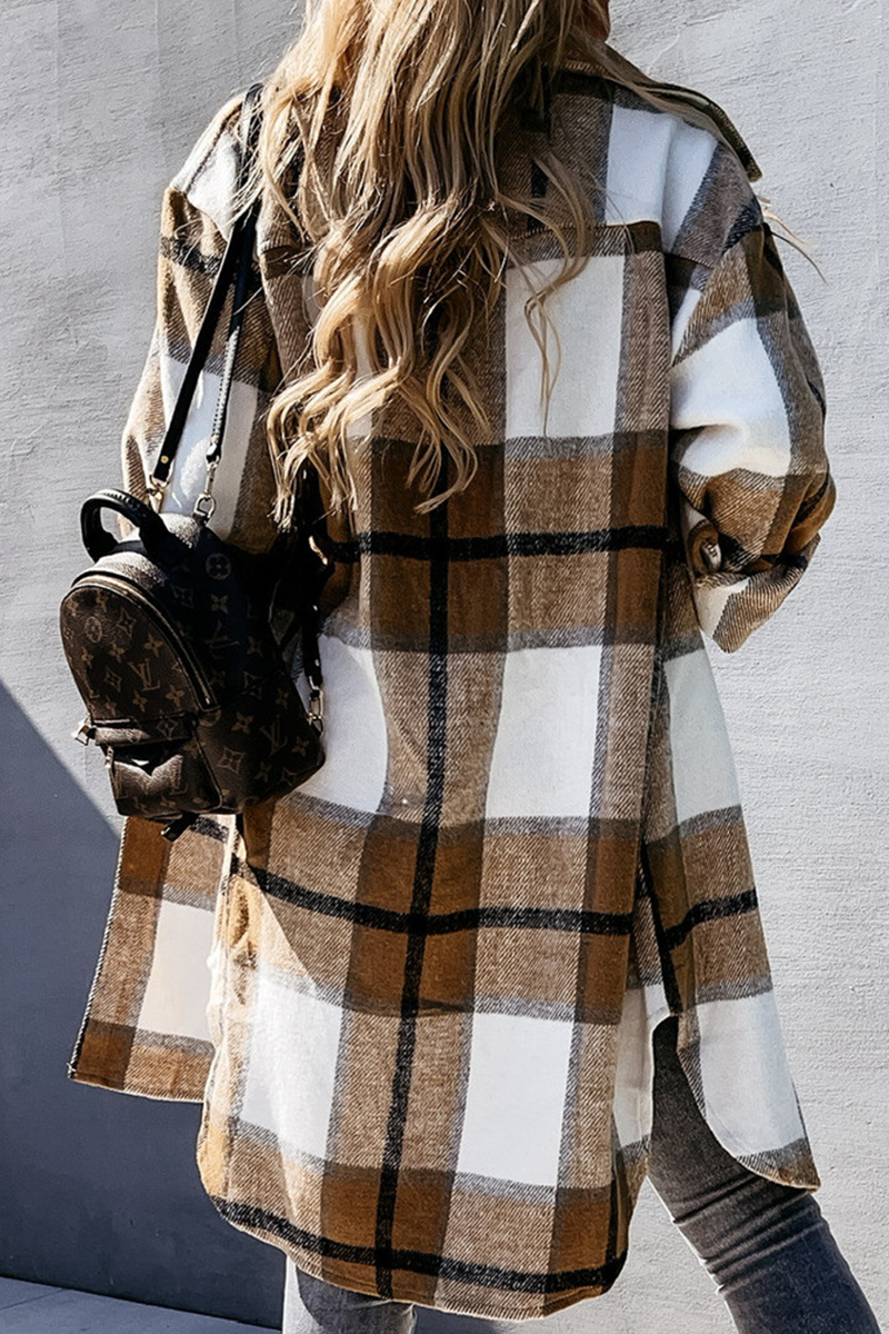 Casual Plaid Patchwork Buckle Turndown Collar Outerwear