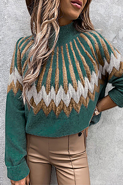 Casual Geometric Patchwork Contrast Turtleneck Tops