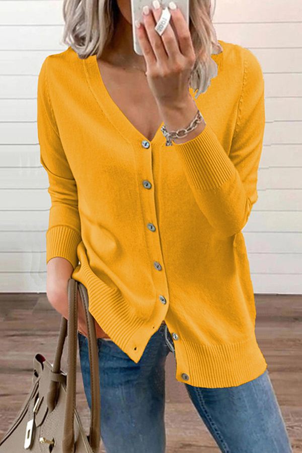 Casual Solid Patchwork Buckle V Neck Tops Sweater(12 Colors)