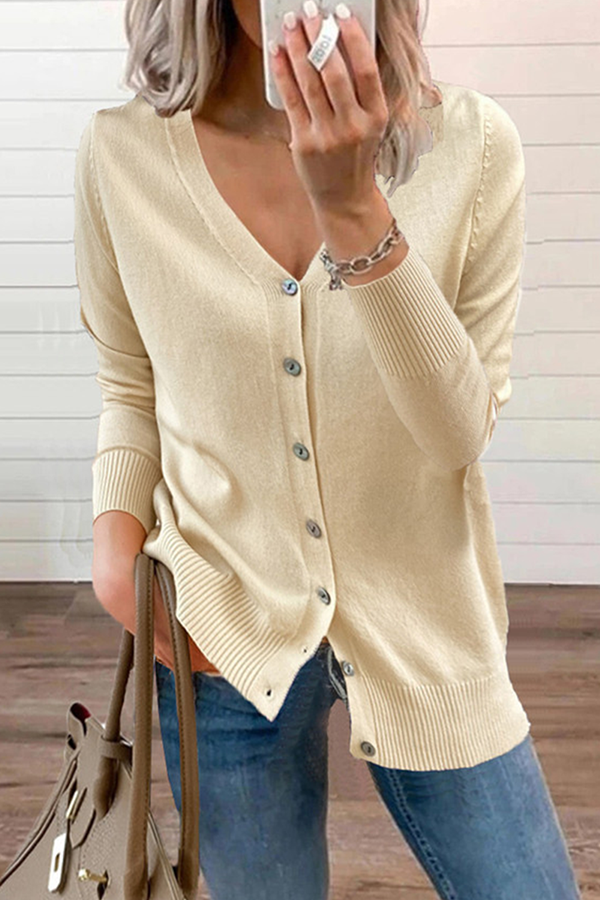 Casual Solid Patchwork Buckle V Neck Tops Sweater(12 Colors)