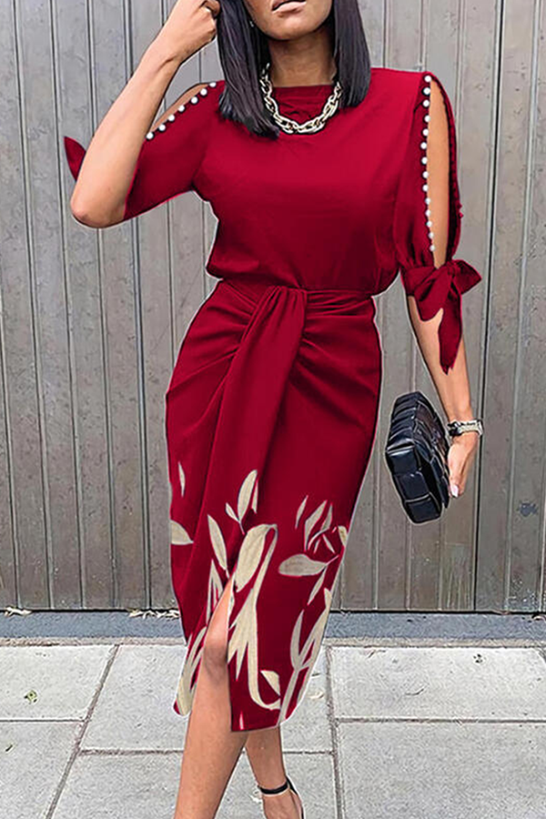 Fashion Elegant Print Slit Beading O Neck Dresses