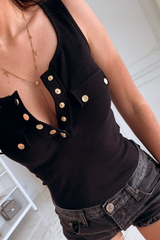 Casual Solid Buckle V Neck Tops