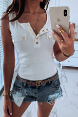 Casual Solid Buckle V Neck Tops