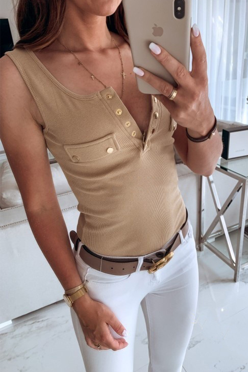 Casual Solid Buckle V Neck Tops