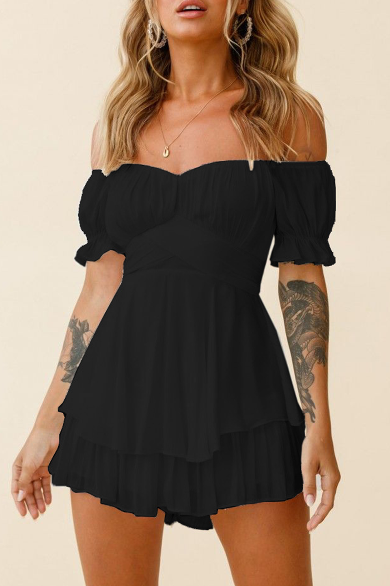 Casual Solid Flounce Off the Shoulder Straight Rompers(9 Colors)