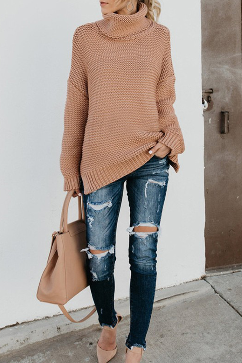 Fashion Solid Patchwork Turtleneck Tops