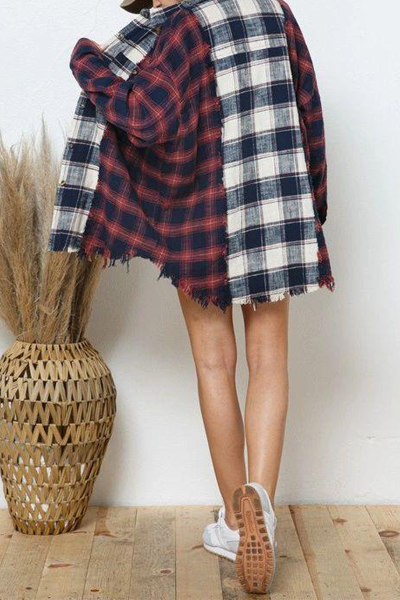 Casual Plaid Patchwork Turndown Collar Blouses