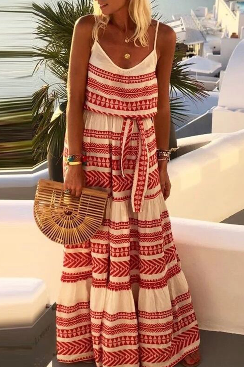 Casual Striped Bandage Spaghetti Strap Cake Skirt Dresses